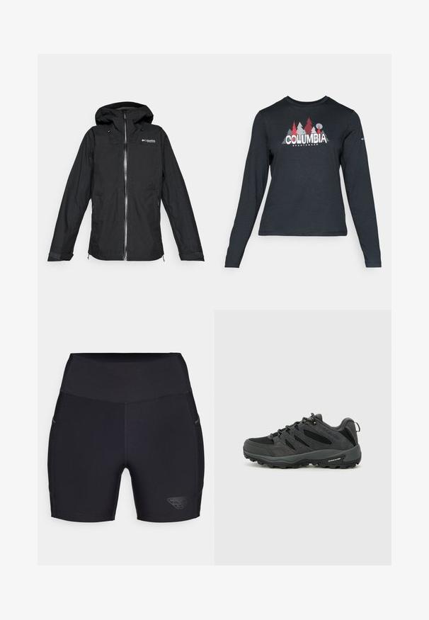 Musta Columbia Titanium kapuutsiga veekindel jope, millel on eesnepres, reguleeritavad mansetid ja lõdvestatud lõige, isoleeritud valgel taustal.; Pikend varrukatega tumehall särk, millel on punaste puude ja mägede graafika; "COLUMBIA" logo julge valge tekstiga. Pehme kangas, tavaline ümmargune kaelus.; Mustad mustsõidetavad lühikesed püksid kõrge vöökohtaga, valmistatud elastsetest kangast. Omadusteks on logo külje peal ja diskreetsed küljetaskud.; Columbia REDMOND - Matkajalatsid - black/citron haze