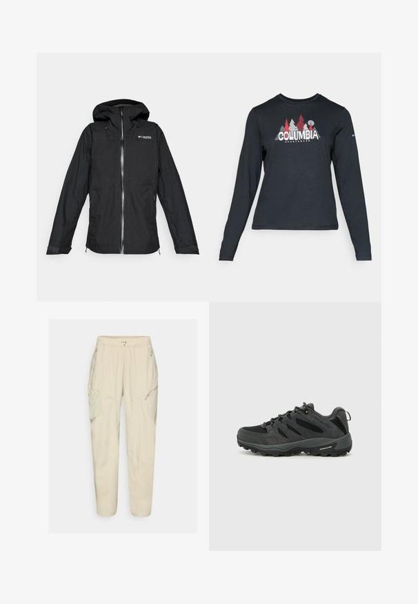 Čierna vodotesná bunda Columbia Titanium s kapucňou, predným zipsom a nastaviteľnými manžetami, vo voľnom strihu, izolovaná na bielom pozadí.; Dlhý rukáv, tmavošedá košeľa s grafikou červených stromov a hôr; logo "COLUMBIA" v tučnom bielom texte. Mäkká tkanina, štandardný okrúhly výstrih.; Svetlé béžové cargo nohavice s elastickým pásom, so zipsovými vreckami a panelovými detailmi. Vyrobené z hladkej, ľahkej tkaniny.; Columbia REDMOND - Turistické topánky - black/citron haze