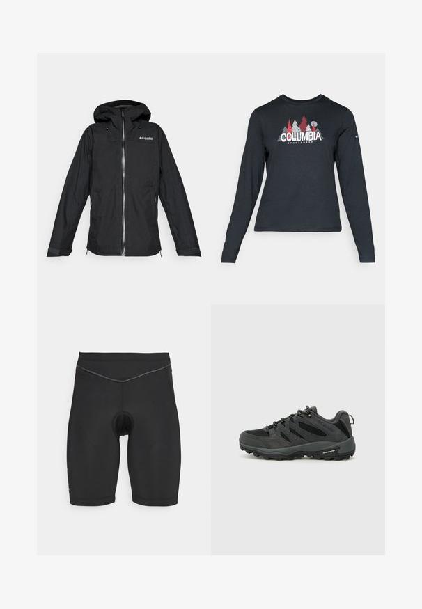 Black Columbia Titanium hooded waterproof jacket with front zipper and adjustable cuffs, loose fit, isolated on a white background.; Long-sleeve dark gray shirt with a graphic of red trees and mountains; "COLUMBIA" logo in bold white text. Soft fabric, standard crew neck.; Black cycling shorts made of stretchy fabric, featuring a padded insert, fitted design, and a contrasting stitch detail along the waistline.; Columbia REDMOND - Hiking shoes - black/citron haze