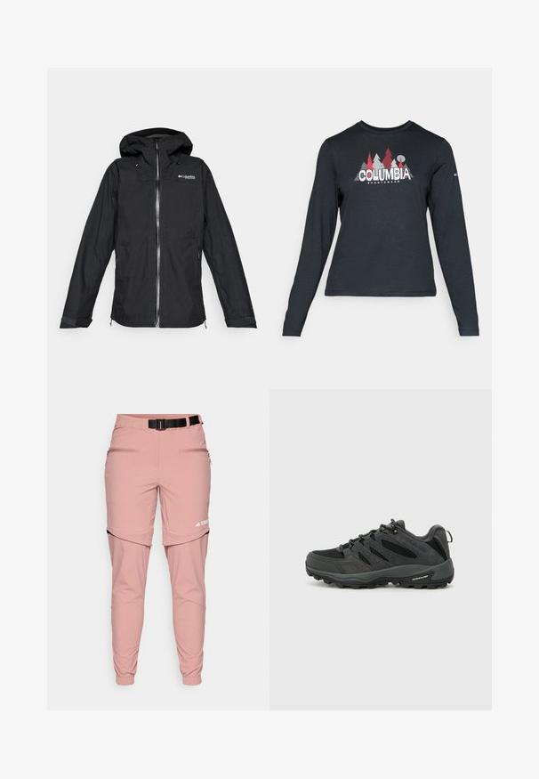 Juodas Columbia Titanium lietpaltis su gobtuvu, atsparus vandeniui, su priekine užtrauktuko uždarymo sistema ir reguliuojamais rankogaliais, laisvas fitas, izoliuotas ant balto fono.; Ilga rankovė tamsiai pilka marškinėliai su raudonų medžių ir kalnų grafika; drąsaus baltos spalvos teksto "COLUMBIA" logotipas. Minkšta medžiaga, standartinis apvalus kaklas.; Rožinės lauko kelnės, pagamintos iš minkštos, tamprios medžiagos. Ypatybės apima juodą reguliuojamą diržą, užtrauktukais uždaromas kišenes ir siaurus kulnus.; Columbia REDMOND - Turistiniai batai - black/citron haze