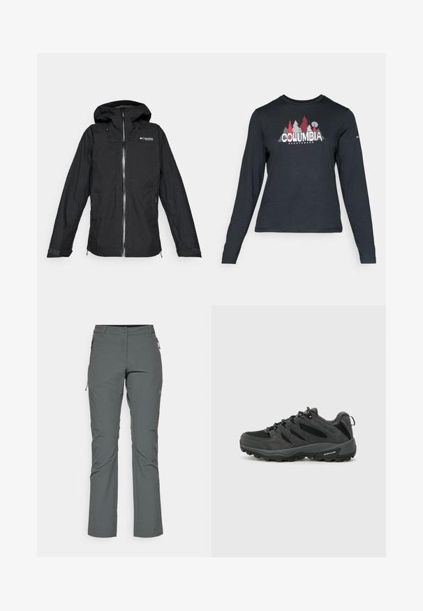 Black Columbia Titanium hooded waterproof jacket with front zipper and adjustable cuffs, loose fit, isolated on a white background.; Long-sleeve dark gray shirt with a graphic of red trees and mountains; "COLUMBIA" logo in bold white text. Soft fabric, standard crew neck.; Gray outdoor pants made of lightweight, textured fabric; features zipper pockets and a fitted design with a straight leg cut.; Columbia REDMOND - Hiking shoes - black/citron haze