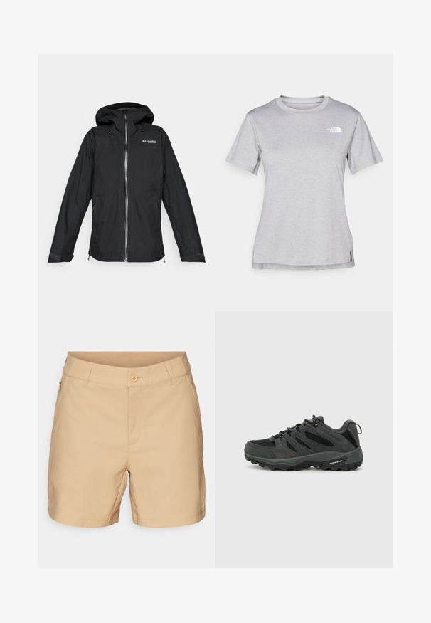 Chaqueta impermeable con capucha Columbia Titanium negra con cremallera frontal y puños ajustables, de corte holgado, aislada sobre un fondo blanco.; Camiseta gris de manga corta hecha de una suave tela que absorbe la humedad. Presenta un cuello redondo y un pequeño logotipo blanco en la parte superior izquierda.; Pantalones cortos beige de tejido suave con un frente plano, cierre de botón y un bolsillo con cremallera en el lateral. Presentan costuras cuidadas y un corte clásico.; Columbia REDMOND - Zapatillas de senderismo - black/citron haze