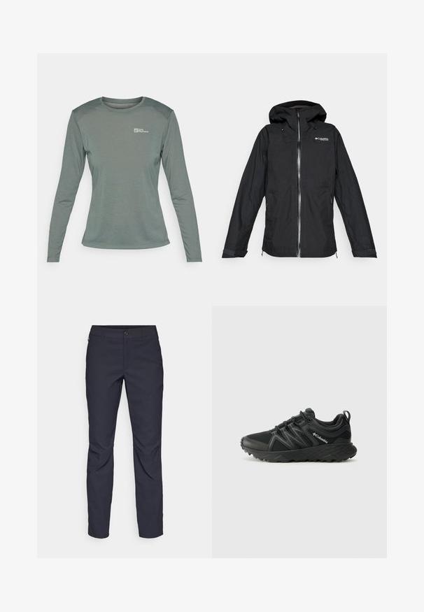 Crna vodootporna jakna Columbia Titanium s kapuljačom, prednjim patentnim zatvaračem i podesivim manžetama, širokog kroja, izolirana na bijeloj pozadini.; Majica s dugim rukavima u prigušeno zelenoj boji, izrađena od laganog, teksturiranog materijala. Ima okrugli izrez i mali logo na lijevoj strani grudi.; Pantalone tamnoplave boje od glatkog materijala, s prednjim kopčanjem na dugme, uskim krojem i pregibima na koljenima.; Columbia PEAKFREAK - Obuća za pješačenje - black