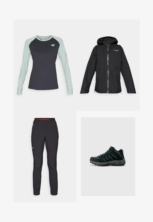 Musta Columbia Titanium kapuutsiga veekindel jope, millel on eesnepres, reguleeritavad mansetid ja lõdvestatud lõige, isoleeritud valgel taustal.; Dynafit ALPINE PRO TEE - Pikkade varrukatega topp - black out/jadelite; Salewa PEDROC PANT - Õuepüksid - black out; Columbia REDMOND - Matkajalatsid - black/citron haze