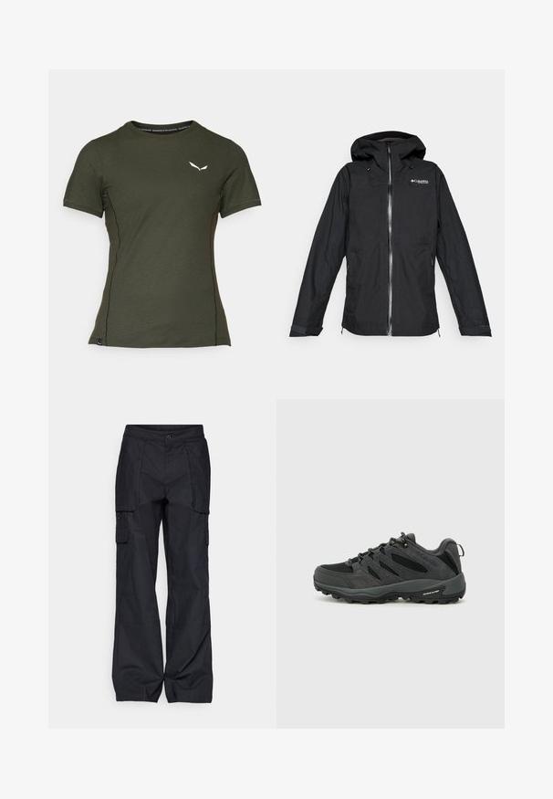 Musta Columbia Titanium kapuutsiga veekindel jope, millel on eesnepres, reguleeritavad mansetid ja lõdvestatud lõige, isoleeritud valgel taustal.; Tume roheline lühikeste varrukatega t-särk, mis on valmistatud tekstuursa fabricist. Omab valget logo vasakul rinnal ja kontrastset külgõmblust.; Columbia BREA FALLS™ COTTON RIPSTOP PANT - Õuepüksid - black; Columbia REDMOND - Matkajalatsid - black/citron haze