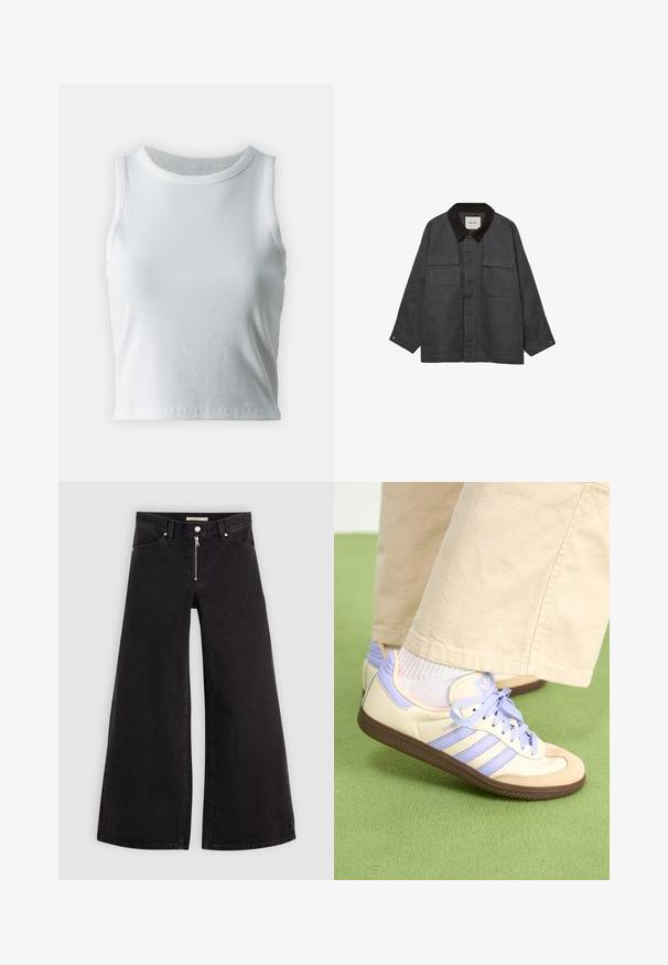 Giacca grigio scuro con colletto in corduroy marrone. Presenta due grandi tasche frontali e un dettaglio a bottone sui polsini. Texture morbida e vestibilità rilassata.; Top a canotta bianco a coste con scollatura rotonda e senza maniche, caratterizzato da un orlo dritto e una texture liscia e elastica.; Jeans a gamba larga in denim nero con chiusura a zip, design a cinque tasche e dettagli di cucitura sottili. Texture morbida e stile casual.; Sneakers crema e lavanda con tre strisce e suola marrone texturizzata, dotati di lacci e tallone imbottito. Parte superiore in tessuto morbido.