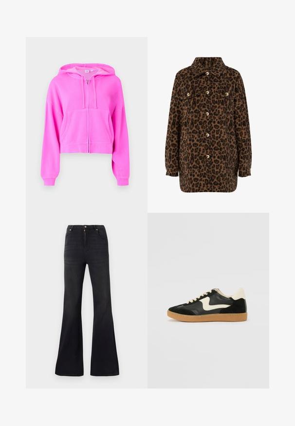 Chaqueta de camisa con estampado de leopardo en marrón y negro, con cuello, cierre de botones, dos bolsillos en el pecho y mangas largas. Textura suave.; Cazadora corta rosa hecha de tela suave, con cremallera frontal, dos bolsillos frontales, capucha con cordón y puños acanalados.; Top sin mangas blanco de algodón con una textura acanalada, que presenta un gráfico de una cereza roja con el texto "Love Sweet".; Jeans de mezclilla negros de tiro alto con piernas acampanadas, cierre frontal de botón y cremallera, y estilo de cinco bolsillos.; Zapatillas de deporte de ante y cuero negro con un swoosh lateral en crema y un talón en crema claro. Presenta cordones beige y una suela de goma marrón.