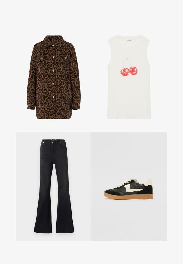 Jakna s tkanino v leopardjem vzorcu v rjavi in črni barvi, z ovratnikom, gumbom za zapiranje, dvema žeprsnikoma in dolgimi rokavi. Mehka tekstura.; Bela brezrokavna majica iz bombaža z ribasto teksturo, ki ima grafiko rdeče češnje z besedilom "Ljubezen sladko."; Črne džins hlače z visokim pasom z razširjenimi nogavicami, sprednjim gumbom in zadrgo ter petimi žepi.; Črne semiš in usnjene superge s kremasto stransko puščico in svetlo kremasto peto. Imajo bež čipke in gumijast podplat.
