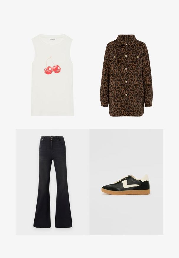 Kožená bunda s leopardím vzorem v hnědé a černé barvě, obsahující límec, zapínání na knoflíky, dvě náprsní kapsy a dlouhé rukávy. Měkká textura.; Bílý bezramínkový top vyrobený z bavlny s žebrovanou texturou, se červenou grafikou třešně a textem "Láska sladká."; Černé džíny s vysokým pasem a rozšířenými nohavicemi, s předním zapínáním na knoflík a zip a pěti kapsami.; Černé semišové a kožené tenisky s krémovým postranním swooshem a světlým krémovým podpatkem. Mají béžové tkaničky a podešev z gumové pryže.