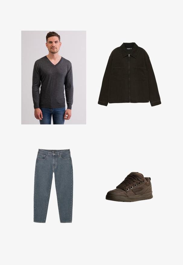 Mörkbrun zip-up jacka med bred krage och två stora framfickor, visad mot en enkel vit bakgrund.; CASH-MERE V-AUSSCHNITT - Stickad tröja - grey; Mörkblå denimjeans med avslappnad passform, femficksdesign, knäppning och lätt fransad kant. Hållbart material med subtil textur.; Bruna sportskor gjorda av slät syntetiskt material. Har tjocka snören, meshlinjer, vadderad krage och texturerad gummisula.