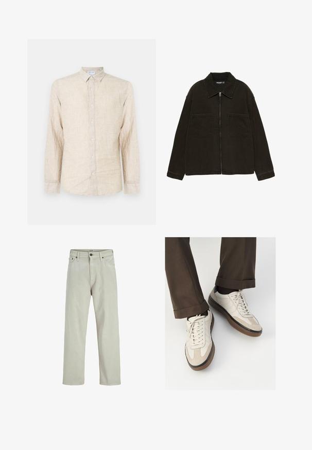 Giacca zip-up marrone scuro con ampio colletto e due grandi tasche anteriori a toppa, esposta su uno sfondo bianco semplice.; Camicia beige a maniche lunghe realizzata in tessuto testurizzato, con colletto classico, chiusura a bottoni e vestibilità comoda.; Jeans in denim beige chiaro con un design a gamba dritta, stile a cinque tasche e chiusura con bottone in vita, con dettagli di cucitura minimi.; Sneakers beige con una parte anteriore in suede testurizzato, lati in pelle liscia e una suola in gomma marrone. Inclusi lacci e dettagli di cucitura leggera.