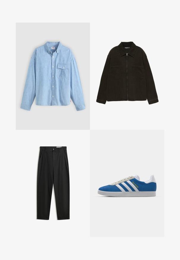 Sötétbarna cipzáras dzseki széles gallérral és két nagy elülső zsebbe rejtett zsebbel, egy sima fehér háttér előtt kiállítva.; Világoskék gombos ing, amely chambray anyagból készült. Hosszú ujjú, galléros modell, elöl zsebével, amelynek fedél és gomb is van.; Fekete pamut nadrág laza szabással, klasszikus derékrésszel, elülső hajtásokkal és oldalsó zsebekkel. Simább textúra minta nélkül.; adidas Originals ADIDAS GAZELLE SHOES - Beltéri futballcipő - real madrid/bluebird/footwear white/crew yellow