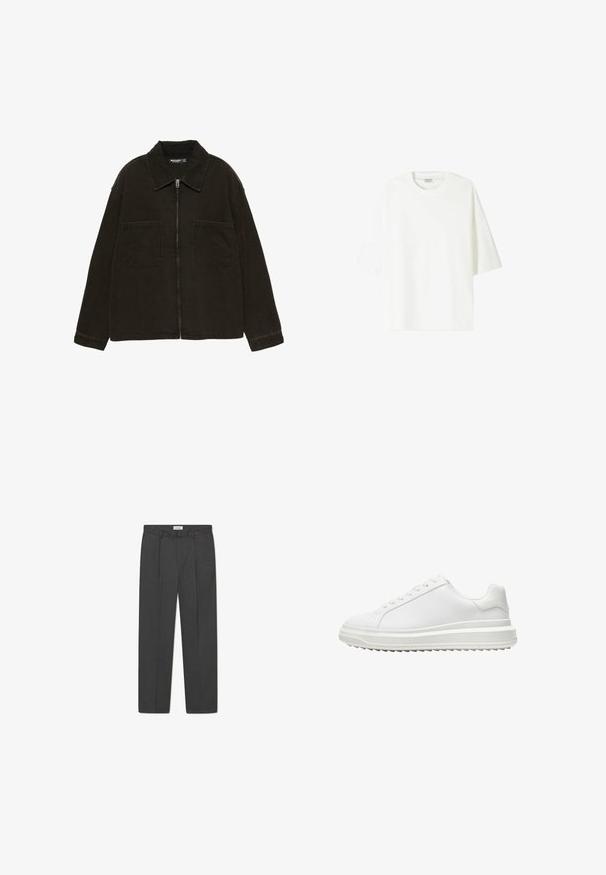 Ciemnobrązowa kurtka zapinana na zamek błyskawiczny z szerokim kołnierzem i dwiema dużymi kieszeniami na przodzie, wyeksponowana na jednolitym białym tle.; Biała koszulka z krótkim rękawem wykonana z bawełny, z okrągłym dekoltem i luźnym krojem oraz prostym wykończeniem hemu.; Szare spodnioszki o dopasowanym kroju z delikatnym wzorem w kratkę, teksturowanym splotem i fałdami z przodu, z pasem wyposażonym w szlufki na pasek.; Białe sneakersy z gładką syntetyczną cholewką, okrągłym noskiem, płaskimi sznurowadłami, teksturowana podeszwa oraz warstwowym, platformowym designem dla dodatkowej wysokości.