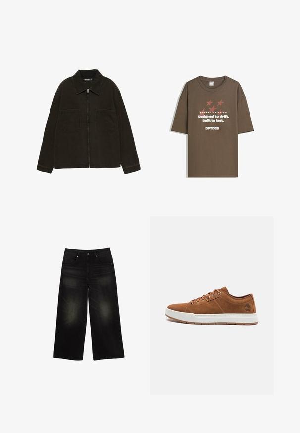 Dunkelbraune Zip-Jacke mit breitem Kragen und zwei großen aufgesetzten Taschen auf der Vorderseite, auf einem schlichten weißen Hintergrund präsentiert.; Braunes Baumwoll-T-Shirt mit kurzen Ärmeln, das grafischen Text und Sterne in kontrastierenden Farben zeigt. Gerader Schnitt mit Rundhalsausschnitt.; Schwarze Denim-Hosen mit weitem Bein und mittelhohem Bund, ausgestattet mit fünf Taschen, dezentem Verblassen an den Knien und rohem Saum. ; Braune Wildleder-Sneaker mit weißer Gummisohle, runder Zehenform, sechs Metallösen und geprägtem Logodetail an der Seite. Klassisches Schnürdesign.