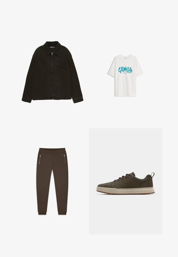 Donkerbruine ritsjack met brede kraag en twee grote voorzakken, tentoongesteld op een effen witte achtergrond.; Bershka SHORT SLEEVE - T-shirt print - white; Dropsize SUPER BLANK - Trainingsbroek - chocolatebrown; Donkergroene sneaker met een gladde bovenkant, lichtbeige middenzool en rubberen zool. Heeft een ronde neus en minimale branding op de hak.