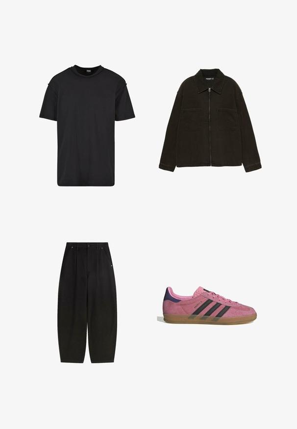 Sötétbarna cipzáras dzseki széles gallérral és két nagy elülső zsebbe rejtett zsebbel, egy sima fehér háttér előtt kiállítva.; Fekete, rövid ujjú pamut póló, kerek nyakkal, laza szabással és minimális varrási részletekkel a vállakon.; Fekete, bő szárú nadrág elülső zsebekkel, pliszírozott dizájnnal és tiszta kidolgozással. Texturált anyagból készült, gombos záródással.; Rózsaszín velúr sportcipő fekete csíkkal, gumi talppal és texturált lila sarokkal. Fűzős kialakítással és a márka dombornyomott logójával az oldalon.