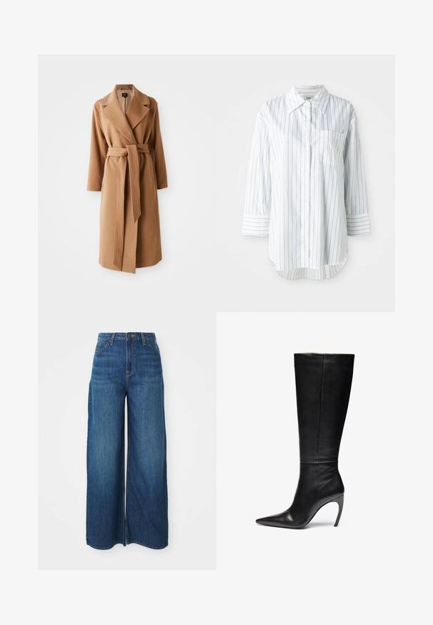 Manteau en laine camel long avec larges revers et ceinture en tissu assorti nouée à la taille, poches latérales et manches longues.; Chemise blanche à manches longues avec des fines rayures verticales noires, une poche sur la poitrine gauche et un col pointu.; Jeans en denim bleu à taille haute et jambes larges avec poches avant, passants de ceinture, fermeture à bouton et coutures visibles sur un fond blanc.; Botte en cuir noir montante jusqu'au genou avec un bout pointu et un talon aiguille haut ; texture lisse et épurée avec de coutures subtiles et sans matériel visible.