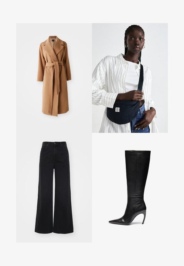 Lang kamelbrun ullkåpe med brede krager og belte i matchende stoff knyttet i midjen, sidelommer og hellange ermer.; Hvit langermet skjorte med knapper, tynne svarte vertikale striper, en brystlomme på venstre side og spiss krage.; Høyt liv svarte vide jeans med front- og baklommer, beltehaller og knappelukking.; Sorte skinnhøye støvel med spiss tå og høy stiletto-hæl; slank, glatt tekstur med subtile sømmer og ingen synlig maskinvare.; Svart clutchveske med quiltet tekstur og logo-lapp. Båret med en hvit stripete skjorte over en tettsittende hvit topp og denimjeans.
