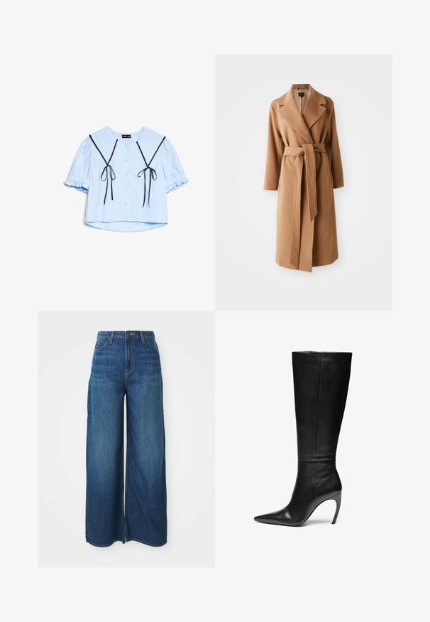 Lang kamelbrun ullkåpe med brede krager og belte i matchende stoff knyttet i midjen, sidelommer og hellange ermer.; Lyseblå kortermet bluse med puffede kortermer, svarte båndsløyfer foran, perlelignende knapper og bred krage.; Høytlivs brede blå denimjeans med frontlommer, beltehemper, knappelukking og synlig søm på hvit bakgrunn.; Sorte skinnhøye støvel med spiss tå og høy stiletto-hæl; slank, glatt tekstur med subtile sømmer og ingen synlig maskinvare.
