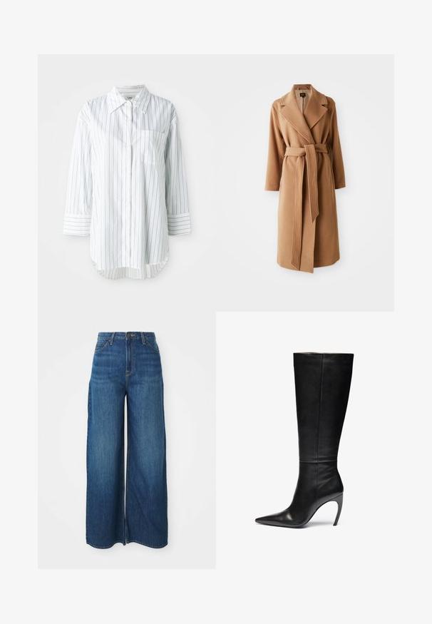 Pikk camel-pruun villane mantel laia kraega ja sobiva kangast vööga, mis on köidetud vöökohale, küljetaskud ja täispikkade varrukatega.; Valge pika varrukaga nööbitav särk, millel on õhukesed mustad vertikaalsed triibud, vasakul rinnaosal tasku ja terav krae.; Kõrge vöökohaga laiad sinised teksapüksid, millel on ees taskud, vöölõngad, nööbiga kinnitamine ja nähtavad õmblused valgel taustal.; Mustmust musta sääre kõrge kontsaga king, millel on terav varvas ja kõrge stiletto konts; sile ja sile tekstuur, kus on peened õmblused ja nähtavat riistvara pole.