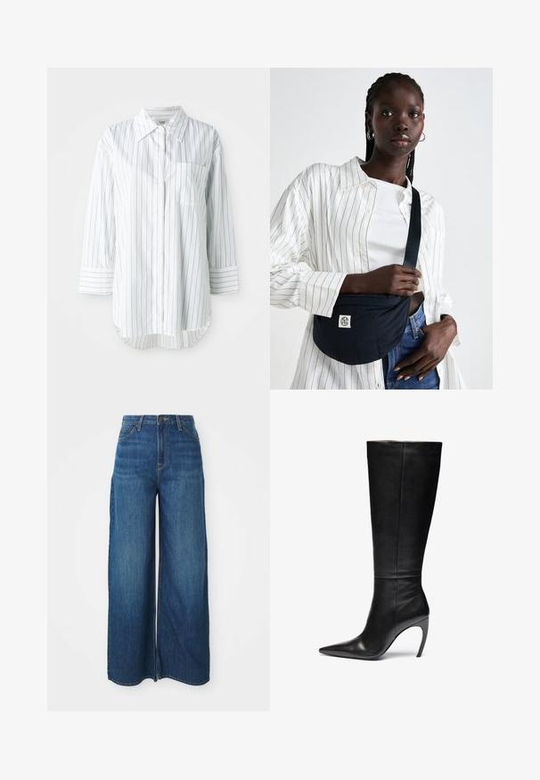 Lang kamelbrun ullkåpe med brede krager og belte i matchende stoff knyttet i midjen, sidelommer og hellange ermer.; Hvit langermet skjorte med knapper, tynne svarte vertikale striper, en brystlomme på venstre side og spiss krage.; Høytlivs brede blå denimjeans med frontlommer, beltehemper, knappelukking og synlig søm på hvit bakgrunn.; Sorte skinnhøye støvel med spiss tå og høy stiletto-hæl; slank, glatt tekstur med subtile sømmer og ingen synlig maskinvare.; Svart clutchveske med quiltet tekstur og logo-lapp. Båret med en hvit stripete skjorte over en tettsittende hvit topp og denimjeans.