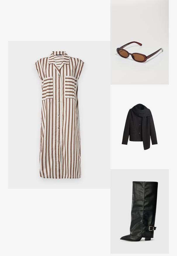 Černý kabát ze vlněné směsi s vysokým límcem, předními knoflíky a bočními kapsami. Vlastnosti zahrnují dlouhou, zavěšenou šálu připevněnou k výstřihu.; Kardigánové šaty v bílé barvě s vertikálními hnědými pruhy. Vybavené límcem, krátkými rukávy a dvěma předními kapsami. Příjemný splývavý materiál.; Černé kožené kotníkové boty až po kotníky s špičatou špičkou, hladkým povrchem a stříbrnou sponou na boku. Masivní čtveritý podpatek.; Kulaté sluneční brýle hnědé barvy s lesklým burgundským rámem. Úzké nožičky s jemným logem. Rovné čočky.