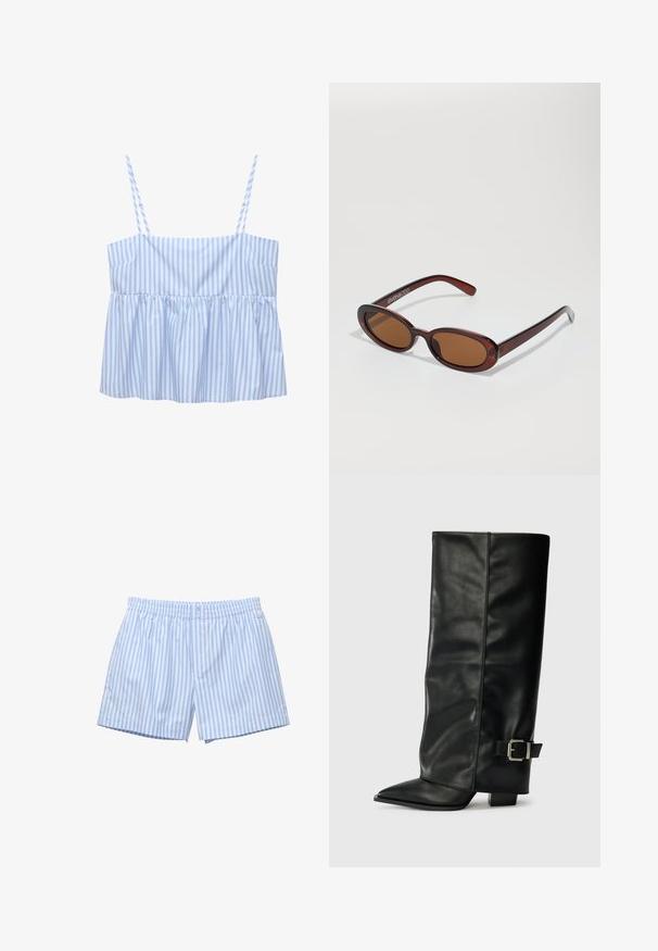 Palton dintr-un amestec de lână neagră cu guler înalt, nasturi în față și buzunare laterale. Are o eșarfă lungă, drapată, atașată la guler.; Vesta fără mâneci tricotată albastră, cu decolteu în V, model cu cabluri, margini ribbate și un mic logo roșu brodat pe piept.; Top scurt cu dungi albastre și albe, cu bretele subțiri ajustabile, design plisat și margine evazată. Realizat dintr-un material ușor.; Boxeri striped de culoare albastru deschis, din bumbac moale. Au talie elastică, închidere cu buton și o croială lejeră. Logo subtil pe laterale.; Botine din piele neagră, până la gleznă, cu vârf ascuțit, textură netedă și un accent cu cataramă argintie pe lateral. Toc pătrat masiv.; Ochelari de soare rotunzi, cu nuanțe de brown și cu un cadru lucios de burgund. Brațe subțiri cu detalii subtile de branding. Design cu lentile plate.