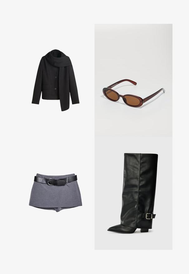 Čierny kabát z vlny so zmesou s vysokým golierom, prednými gombíkmi a bočnými vreckami. Obsahuje dlhý, splývavý šál pripevnený k výstrihu.; Poloko s dlhým rukávom v svetloružovej farbe, s horizontálnymi pruhmi v tmavo hnedej a svetlo béžovej farbe. Klasický golier s gombíkovým zapínaním.; Šedé látkové kraťasy s úzkym pásom, s čiernym koženým opaskom a prackou. Hladká textúra, prispôsobený strih a rovný rez.; Čierne kožené členkové topánky s špicatou špičkou, hladkou textúrou a striebornou prackou na boku. Masívny štvorcový podpätok.; Okrúhle slnečné okuliare s hnedým nádychom a lesklým burgundským rámom. Úzke ramená s jemným brandovaním. Plochej šošovky dizajn.; Hnedá semišová kabelka s mäkkým, uvoľneným tvarom. Má kožené rúčky a ozdobný štítok. Jednoduchá textúra s zakrivenými švami.