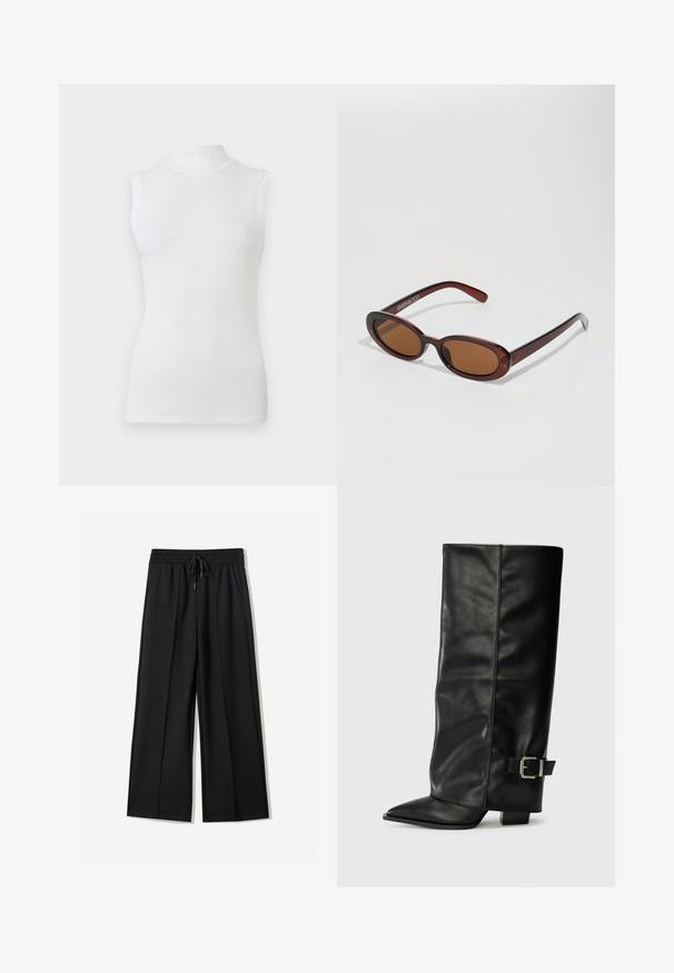 Musta villasekoite takki, jossa on korkea kaulus, etupainikkeet ja sivutaskut. Siinä on pitkä, roikkuva huivi kiinnitettynä kaula-aukkoon.; Hihaton valkoinen mock neck -paita, jossa on tiukka muoto ja sileä kangas vaaleaa taustaa vasten.; Mustat leveät housut pehmeästä kankaasta. Ominaisuuksia ovat joustava vyötärö, jossa on nauhavyö, ja kaksi sivutaskua. Tasainen etuosa ja laskokset.; Musta nahkasaappaat nilkkapituudella, teräväkärkiset, sileällä pinnalla ja hopeisella soljella sivussa. Tukeva neliönmallinen korko.; Pyöreät, ruskehtavat aurinkolasit, joissa on kiiltävä burgundinpunainen runko. Kapeat sivut, joissa on hienovarainen brändäys. Litteät linssit.; Ruskea mokkahuopalaukku, jolla on pehmeä ja löysä muoto. Varustettu nahkakahvoilla ja tarrakoristeella. Yksinkertainen pinta, jossa on kaarevat saumat.