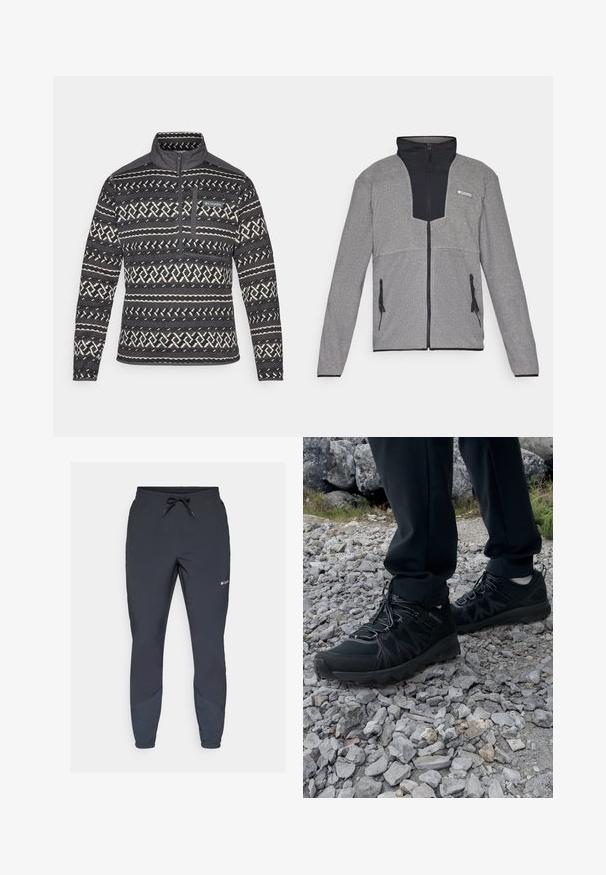 Chaqueta gris con cuello negro y cierre frontal. Presenta secciones contrastantes de gris oscuro y claro, cremalleras en los bolsillos y una textura suave.; Sudadera de forro polar con patrón en blanco y negro, con cuello de media cremallera, presenta un bolsillo en el pecho y superficie texturizada. Logo de la marca en el frente.; Pantalones jogging ligeros negros con cintura elástica y cordón ajustable. Presentan piernas ajustadas y paneles laterales en un tono más oscuro.; Zapatos exteriores negros con malla y material sintético, que presentan un upper texturizado, un sistema de cordones seguro y una suela robusta, sobre terreno rocoso.