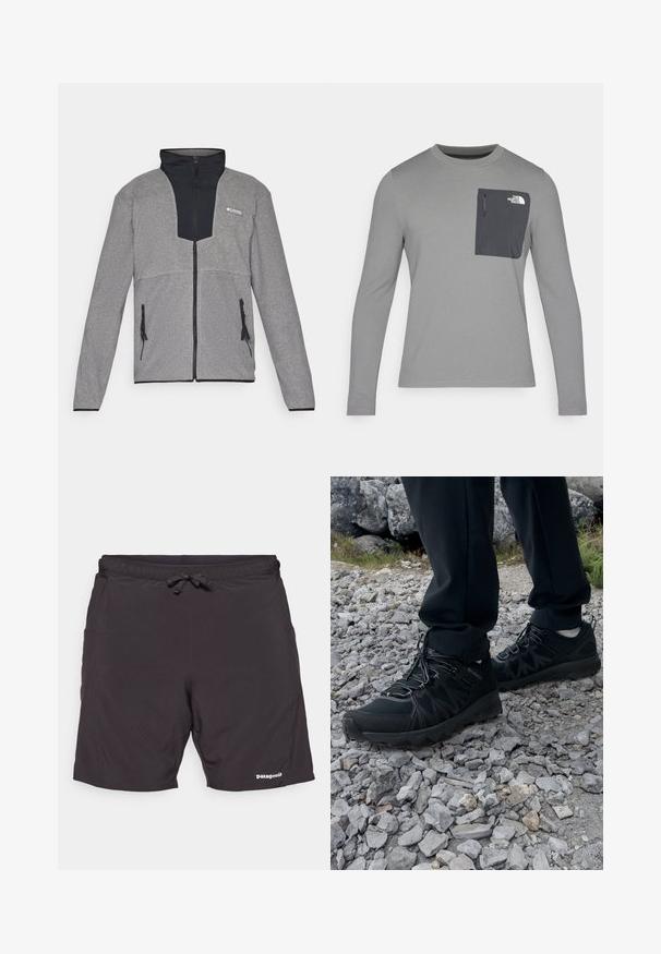Grå jakke med svart krage og glidelås foran. Har kontrasterende mørke og lyse grå seksjoner, glidelåser på lommene og en myk tekstur.; Langermet grå skjorte med strukturert stoff, med en mørk grå brystlomme og glidelås. Logo på lommen i hvitt.; Patagonia STRIDER PRO - Friluftsshorts - black; Sorte utendørssko i svart med mesh og syntetisk materiale, med en teksturert overdel, sikret snøresystem og en robust såle, på steinete terreng.