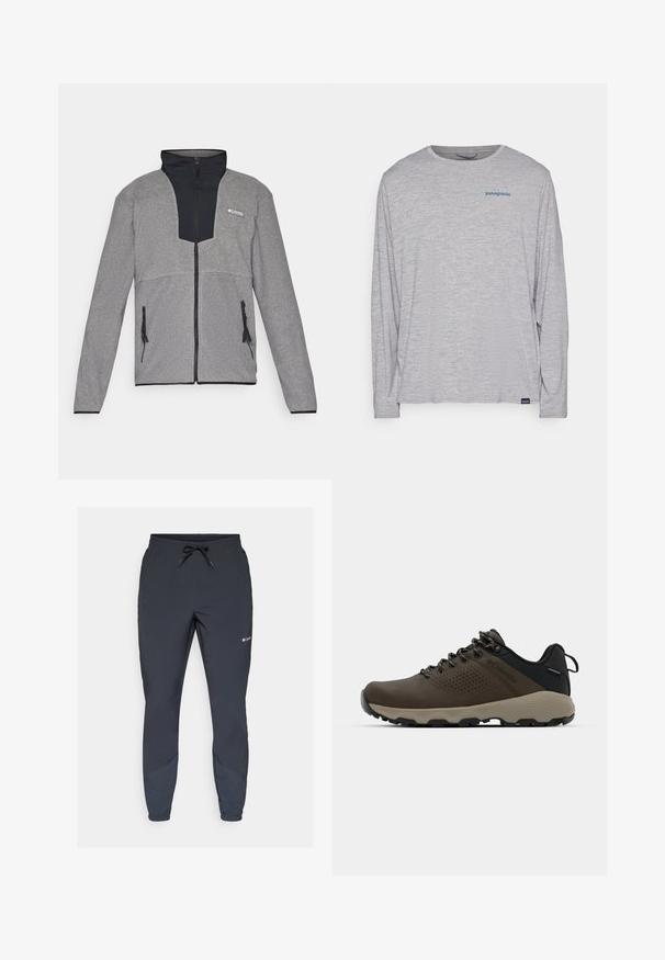 Pilkas švarkas su juodu apykakle ir užtrauktuku priekyje. Turinti kontrastingas tamsias ir šviesias pilkas dalis, užtrauktukus kišenėse ir minkštą tekstūrą.; Šviesiai pilka ilgomis rankovėmis marškinėliai, pagaminti iš minkštos, tekstūruotos medžiagos. Yra apvalus kaklas ir mažas mėlynas "Patagonia" logotipas krūtinėje.; Juodos lengvos jogger kelnės su elastinga juosmeniu ir reguliuojamu virvute. Savybės: siaurėjančios kojos ir šoninės detalės tamsesnėje atspalvyje.; Rudi nepralaidūs sportbačiai su tekstūruota viršutine dalimi, perforuotomis detalėmis, juodu kulno palaikymu ir pilku guminio padu. Šniūreliai yra dekoruoti metaliniais galais.
