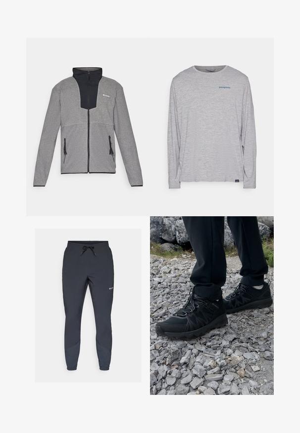 Chaqueta gris con cuello negro y cierre frontal. Presenta secciones contrastantes de gris oscuro y claro, cremalleras en los bolsillos y una textura suave.; Camiseta de manga larga gris claro hecha de un tejido suave y texturizado. Presenta un cuello redondo y un pequeño logo azul de Patagonia en el pecho.; Pantalones jogging ligeros negros con cintura elástica y cordón ajustable. Presentan piernas ajustadas y paneles laterales en un tono más oscuro.; Zapatos exteriores negros con malla y material sintético, que presentan un upper texturizado, un sistema de cordones seguro y una suela robusta, sobre terreno rocoso.