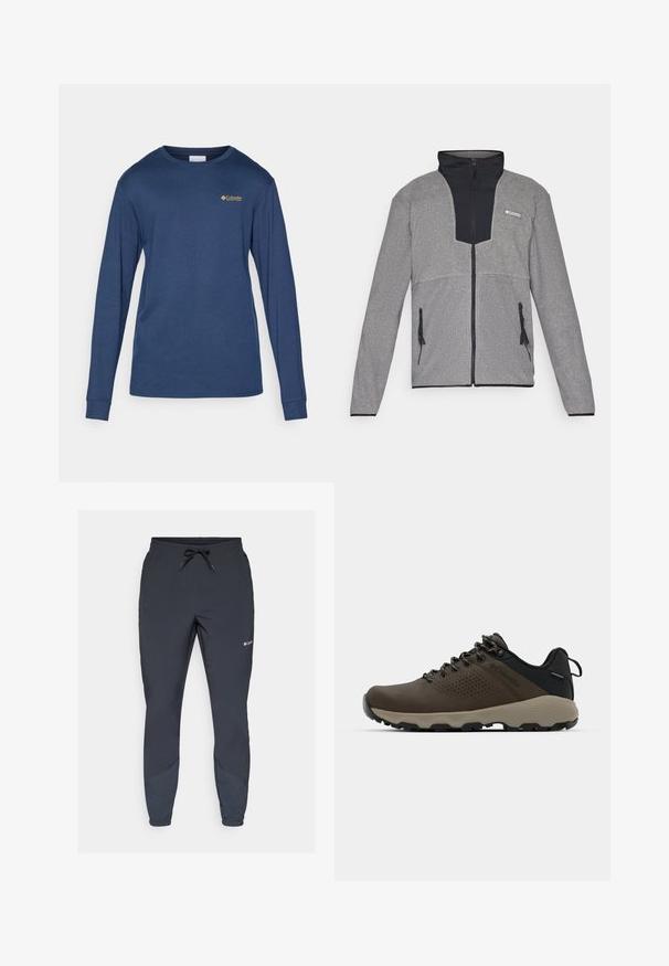 Gray jacket with a black collar and zip front. Features contrasting dark and light gray sections, zippers on pockets, and soft texture.; Navy long-sleeve shirt made of cotton blend fabric, featuring a round neckline and a small gold logo on the left chest area.; Black lightweight jogger pants with an elastic waistband and adjustable drawstring. Features tapered legs and side panels in a darker shade.; Brown waterproof sneakers with a textured upper, perforated accents, black heel support, and a grey rubber sole. Laces are styled with metallic ends.