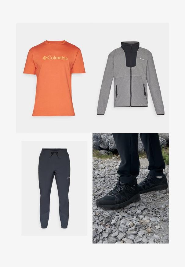 Graue Jacke mit schwarzem Kragen und Reißverschluss vorne. Verfügt über kontrastierende Abschnitte in dunkel und hell grau, Reißverschlüsse an den Taschen und eine weiche Textur.; Oranges Baumwoll-T-Shirt mit Rundhalsausschnitt und kurzen Ärmeln, versehen mit einem auffälligen gelben "Columbia"-Logo über der Brust.; Schwarze, leichte Jogginghosen mit einem elastischen Bund und verstellbarem Kordelzug. Mit schmal zulaufenden Beinen und Seitenteilen in einem dunkleren Farbton.; Schwarze Outdoor-Schuhe aus Mesh und synthetischem Material, mit einer strukturierten Oberseite, gesichertem Schnürsystem und griffiger Laufsohle, auf felsigem Gelände.