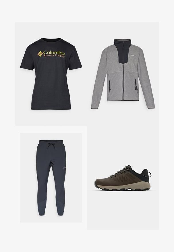 Pilkas švarkas su juodu apykakle ir užtrauktuku priekyje. Turinti kontrastingas tamsias ir šviesias pilkas dalis, užtrauktukus kišenėse ir minkštą tekstūrą.; Columbia BASIC LOGO™ SHORT SLEEVE - Marškinėliai su spaudiniu - black; Juodos lengvos jogger kelnės su elastinga juosmeniu ir reguliuojamu virvute. Savybės: siaurėjančios kojos ir šoninės detalės tamsesnėje atspalvyje.; Rudi nepralaidūs sportbačiai su tekstūruota viršutine dalimi, perforuotomis detalėmis, juodu kulno palaikymu ir pilku guminio padu. Šniūreliai yra dekoruoti metaliniais galais.