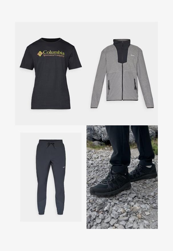Grå jakke med svart krage og glidelås foran. Har kontrasterende mørke og lyse grå seksjoner, glidelåser på lommene og en myk tekstur.; Columbia BASIC LOGO™ SHORT SLEEVE - T-shirts med print - black; Sorte lette joggebukser med elastisk liv og justerbar snor. Har tapered ben og sidestykker i en mørkere nyanse.; Sorte utendørssko i svart med mesh og syntetisk materiale, med en teksturert overdel, sikret snøresystem og en robust såle, på steinete terreng.