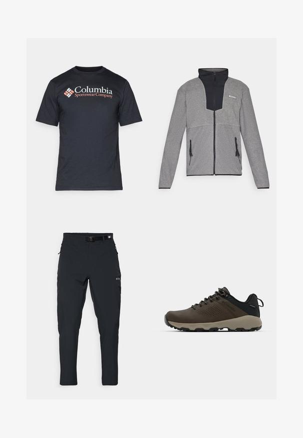 Gray jacket with a black collar and zip front. Features contrasting dark and light gray sections, zippers on pockets, and soft texture.; Black cotton short-sleeve t-shirt with a crew neck. Features "Columbia Sportswear Company" logo in white and orange. Standard fit.; Columbia ESSENTIAL HIKE™ PANT - Outdoor trousers - black; Brown waterproof sneakers with a textured upper, perforated accents, black heel support, and a grey rubber sole. Laces are styled with metallic ends.