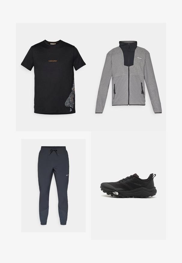 Siva jakna s crnim ovratnikom i patentnim zatvaračem sprijeda. Uključuje kontrastne tamnosive i svijetlosive dijelove, patentne zatvarače na džepovima i mekanu teksturu.; Crna majica kratkih rukava s natpisom "icebreaker" u narančastoj boji na prsima i bijelim topografskim dizajnom na donjem desnom kutu.; Crne lagane jogger hlače s elastičnim pojasom i podesivim vezicom. Imaju sužene nogavice i bočne panele u tamnijoj nijansi.; Crne trail trkačke cipele s teksturiranim gornjim dijelom, gumeni potplat i ojačana zaštita za prste. Imaju podstavljen ovratnik i trakicu za lakše obuvanje.