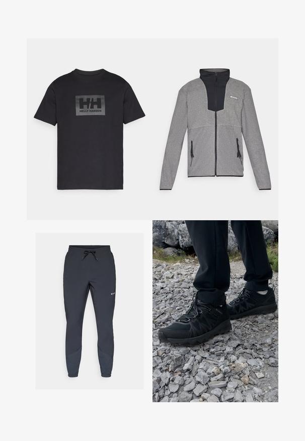 Siva jakna s crnim ovratnikom i patentnim zatvaračem sprijeda. Uključuje kontrastne tamnosive i svijetlosive dijelove, patentne zatvarače na džepovima i mekanu teksturu.; Crna pametna majica kratkih rukava s pravokutnim siva logotip u sredini koji prikazuje "HH" i "HELLY HANSEN" ispod.; Crne lagane jogger hlače s elastičnim pojasom i podesivim vezicom. Imaju sužene nogavice i bočne panele u tamnijoj nijansi.; Crne vanjske cipele s mrežastim i sintetičkim materijalom, s teksturiranim gornjim dijelom, osiguranim sustavom vezanja i čvrstim potplatom, na stjenovitom terenu.