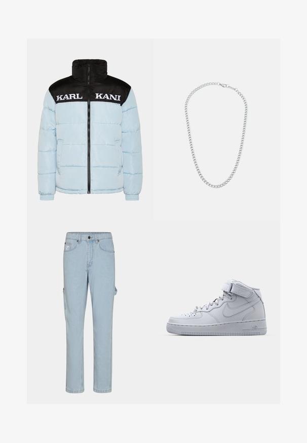 Šviesiai mėlynas pūkinis švarkas su juodu užtrauktuku ant apykaklės ir rankovėmis. Krūtinėje matomas didelis baltas užrašas "KARL KANI". Raštuotas dizainas.; Juodas medvilnės marškinėliai trumpomis rankovėmis, apvaliu kaklu, su balta parašu logotipu atspausdintu ant priekio. Sklandus tekstūros ir laisvas kirpimas.; Šviesiai mėlynos džinsinės cargo kelnės su tiesiu pjūviu, turinčios šonines kišenes ir klasikinį sagos bei užtrauktuko uždarymą.; Aukšti pilki Nike Air Force 1 sportbačiai su odiniu viršumi, paminkštintu apykakle ir Velcro dirželiu. Ikoniškas dizainas pasižymi perforuota pirštų dėvės dalimi.; Sidabrinė metalinė grandinėlė su tarpusavyje susijungiančiomis jungtimis ir saugiu užsegimu, lygi tekstūra, tolygus paviršius ir klasikinis dizainas.