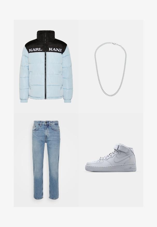 Jasnoniebieska kurtka puchowa z czarnym zapięciem na zamek błyskawiczny przy kołnierzu i rękawach. Posiada duży, biały napis "KARL KANI" na wysokości klatki piersiowej. Teksturowany wzór.; Czarna bawełniana koszulka z krótkim rękawem, okrągłym dekoltem i białym, sygnaturowym logo nadrukowanym z przodu. Gładka faktura i luźny krój.; Jasnoniebieskie dżinsy o prostym kroju nogawki, pięcioma kieszeniami i kontrastowym szwem. Klasyczne zapięcie na guzik i zamek błyskawiczny w pasie.; Szare wysokie sneakersy Nike Air Force 1 z skórzaną cholewką, wyściełanym kołnierzem i paskiem na rzep. Ikonowy design z perforowanym noskiem.; Srebrny metalowy naszyjnik z ogniwami połączonymi ze sobą i bezpiecznym zapięciem, gładka textura, jednolite wykończenie i klasyczny design.