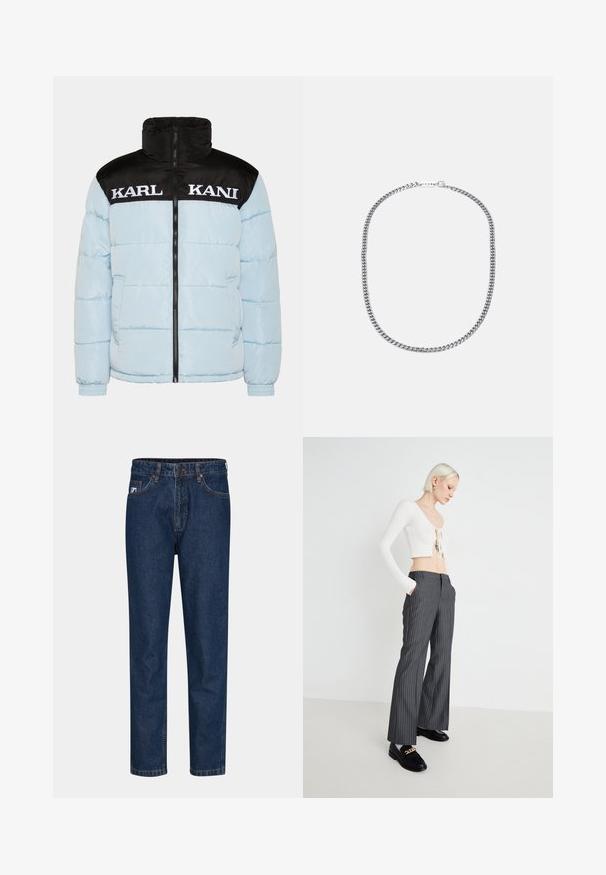 Giacca a vento blu chiaro con colletto e maniche nere con zip. Presenta un grande testo bianco "KARL KANI" sul petto. Design testurizzato.; T-shirt bianca in cotone con scollatura tonda e maniche corte, con un logo ricamato nero centrato sul petto.; Jeans in denim blu scuro con un design a gamba dritta, dotati di cinque tasche, passanti per cintura e chiusura con un solo bottone. Tessuto liscio e cuciture classiche.; Top corto bianco a coste con dettaglio annodato, abbinato a pantaloni a gamba larga grigio a righe. Il modello indossa mocassini neri con dettagli dorati, in piedi su uno sfondo neutro.; Collana in metallo argentato con spesse maglie intrecciate, finitura lucida e un piccolo gancio con dettaglio del marchio.