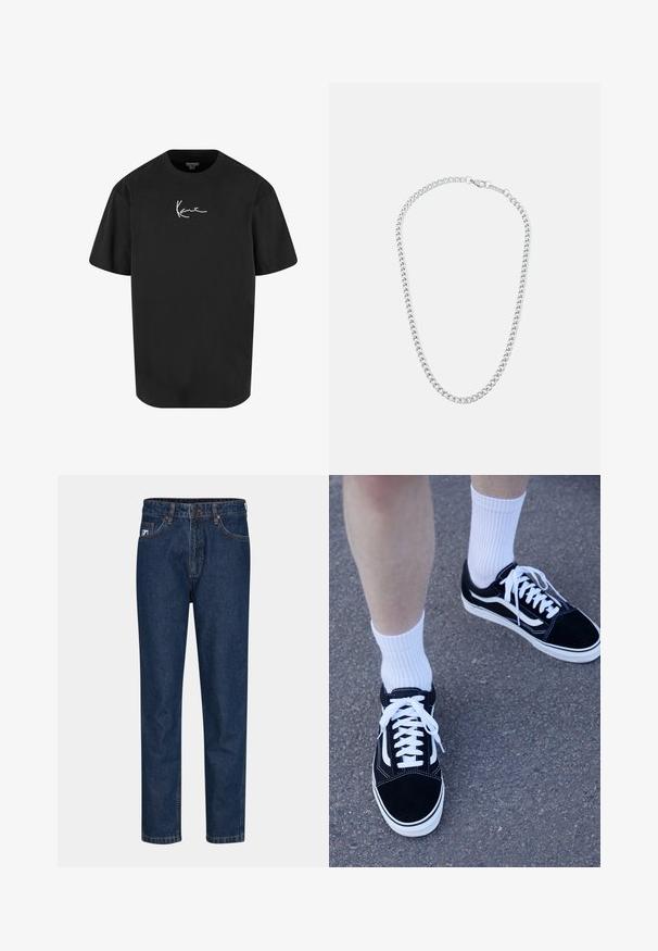 Light blue puffer jacket with a black zippered collar and sleeves. Features large white "KARL KANI" text across the chest. Textured design.; Black cotton t-shirt with short sleeves, crew neck, and a white signature logo printed on the front. Smooth texture and relaxed fit.; Dark blue denim jeans with a straight leg design, featuring five pockets, belt loops, and a single button closure. Smooth texture and classic stitching.; Black suede sneakers with white accents and laces, paired with white ribbed crew socks, positioned on a textured gray surface.; Silver metal chain necklace featuring interlocking links and a secure clasp, smooth texture, even finish, and a classic design.