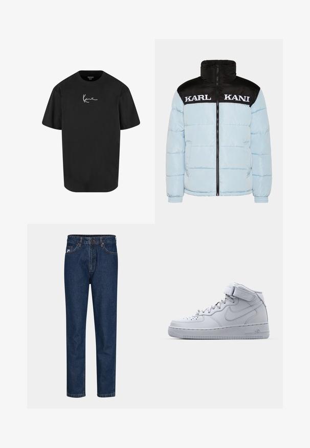 Lys blå pufferjakke med en sort lynlåsekrave og ærmer. Har stor hvid "KARL KANI" tekst tværs over brystet. Struktureret design.; Sort bomulds t-shirt med korte ærmer, rund hals og et hvidt signaturlogo trykt på forsiden. Glat tekstur og afslappet pasform.; Mørkeblå denim jeans med lige ben, som har fem lommer, bæltestropper og en enkelt knaplukning. Glat tekstur og klassisk syning.; Højtop grå Nike Air Force 1 sneakers med læderoverdel, polstret krave og en velcro-rem. Ikonisk design med perforeret tåboks.