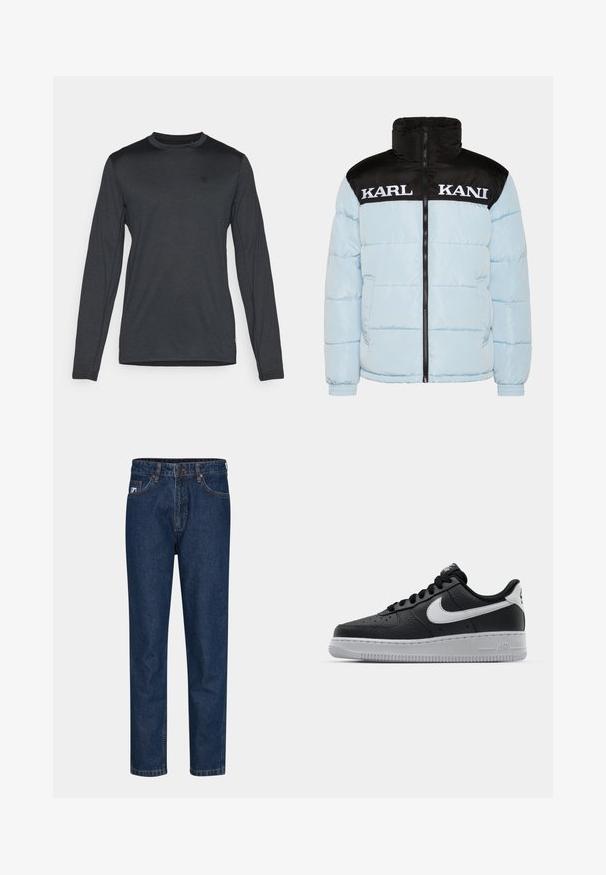 Svijetloplava puhana jakna s crnim patentnim zatvaračem na ovratniku i rukavima. Ima veliki bijeli natpis "KARL KANI" preko grudi. Teksturirani dizajn.; Dugmad rukava u tamnosivoj tkanini, s okruglim izrezom i diskretnim detaljom logotipa. Glatka tekstura s prilagođenim krojem.; Tamno plave traperice s ravnim nogavicama, koje imaju pet džepova, petlje za remen i jedan gumb za zakopčavanje. Glatka tekstura i klasično šivanje.; Crne kožne tenisice s teksturiranom površinom, bijeli Nike znak, sivi potplat, okrugli vrh i vezanje. Sadrže perforacije na području prstiju.