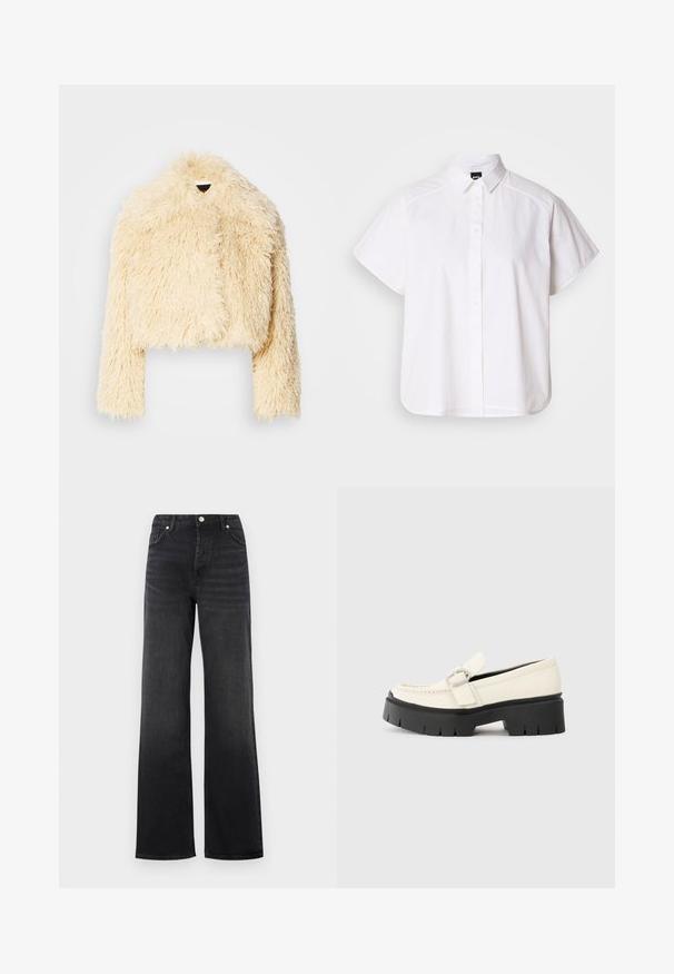 Lyhyttä tekoturkista takkia pehmeässä kermavärissä. Ominaisuuksiin kuuluu lyhyt malli, karhea tekstuuri ja pitkät hihat. Ei näkyviä kiinnityksiä.; Valkoinen lyhythihainen nappikauluspaita, jossa on terävä kaulus ja kaareva helma. Valmistettu puuvillasta, jossa on sileä pinta ja ei havaittavissa olevia kuvioita.; Mustat korkeavyötäröiset leveälahkeiset farkut napituksella ja etutaskuilla, joissa on hieman kulutusta reisissä.; Valkoinen nahkainen loafers-kengät, joissa on paksu musta pohja, esillä suorakaiteen muotoinen hopeinen solki ja näkyvät ompelusaumat päällä.