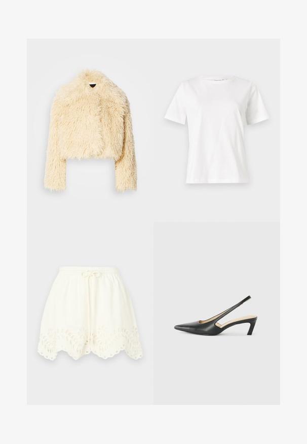Krótka kurtka z sztucznego futra w miękkim kremowym kolorze. Posiada skróconą konstrukcję, puszystą teksturę i długie rękawy. Brak widocznych zapięć.; Biała bawełniana koszulka z krótkim rękawem, okrągłym dekoltem i luźnym krojem. Gładka tekstura, brak wzorów lub dodatków, minimalistyczny design.; Białe bawełniane szorty z elastycznym pasem i sznurkiem, z haftem kwiatowym i falbaniastym wykończeniem z wycięciami.; Czarny but na obcasie typu slingback z ostro zakończonym noskiem, z niskim obcasem, wykonany z gładkiej skóry, z wycięciem po boku dla lepszej wentylacji.
