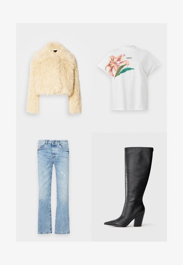 Krátka umelá kožušina v jemnej krémovej farbe. Má skrátený strih, chundelatú textúru a dlhé rukávy. Žiadne viditeľné zapínanie.; Biele bavlnené tričko s krátkym rukávom, s ružovým kvetinovým vzorom a zelenými listami na ľavej strane. Logo "Guess" v šedej farbe nad vzorom.; Svetlomodré zvonové džínsy vyrobené z denimu. Obsahujú vybledlý vzhľad, poškodenú časť, päť vreciek a zapínanie na gombík v páse.; Čierna kožená čižma po kolená s špicatou špičkou a masívnym vysokým podpätkom, zobrazená v profilu zľava na bielom pozadí.