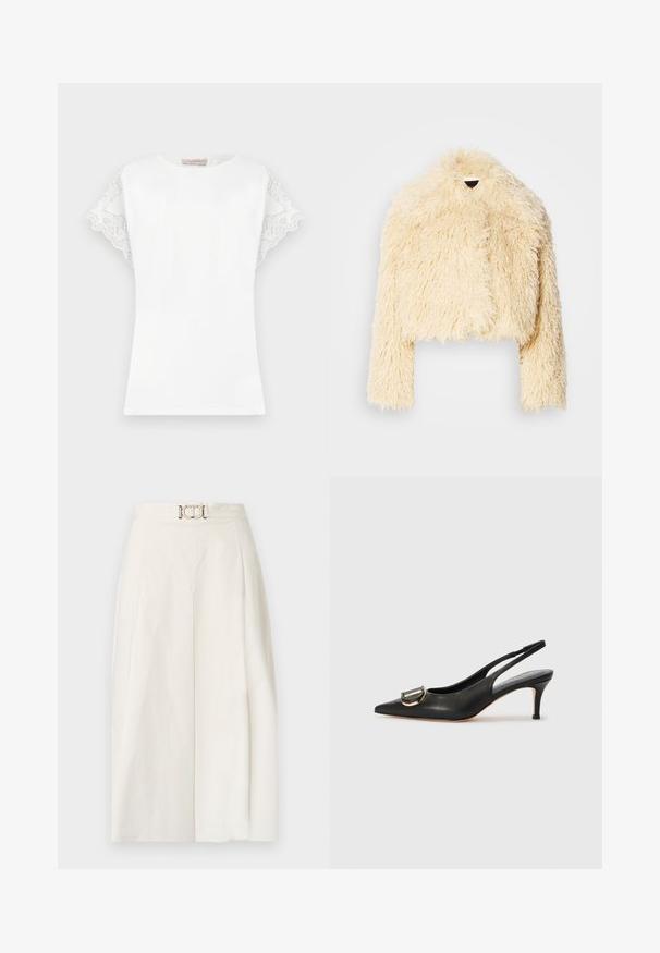 Trumpas dirbtinės kailio švarkas minkštos grietinėlės spalvos. Yra trumpa dizaino forma, purus audinys ir ilgos rankovės. Nėra matomų sukabintojų.; Balta trumpomis rankovėmis marškinėliai su sudėtingais nėriniais ant rankovių, apvaliu kaklu ir prigludusia siluetu.; Platūs kelniai iš baltos medvilnės audinio. Yra aukšta juosmens linija su priekinėmis raukšlėmis ir metaline diržo sagtimi. Lygus paviršius.; Juodas odinis slingback aukštakulnis batelis su smailiu pirštu, auksinėmis sagtimis, siauru kulnu ir lygiu paviršiumi. Minimalistinis dizainas, lengvai derinamas.